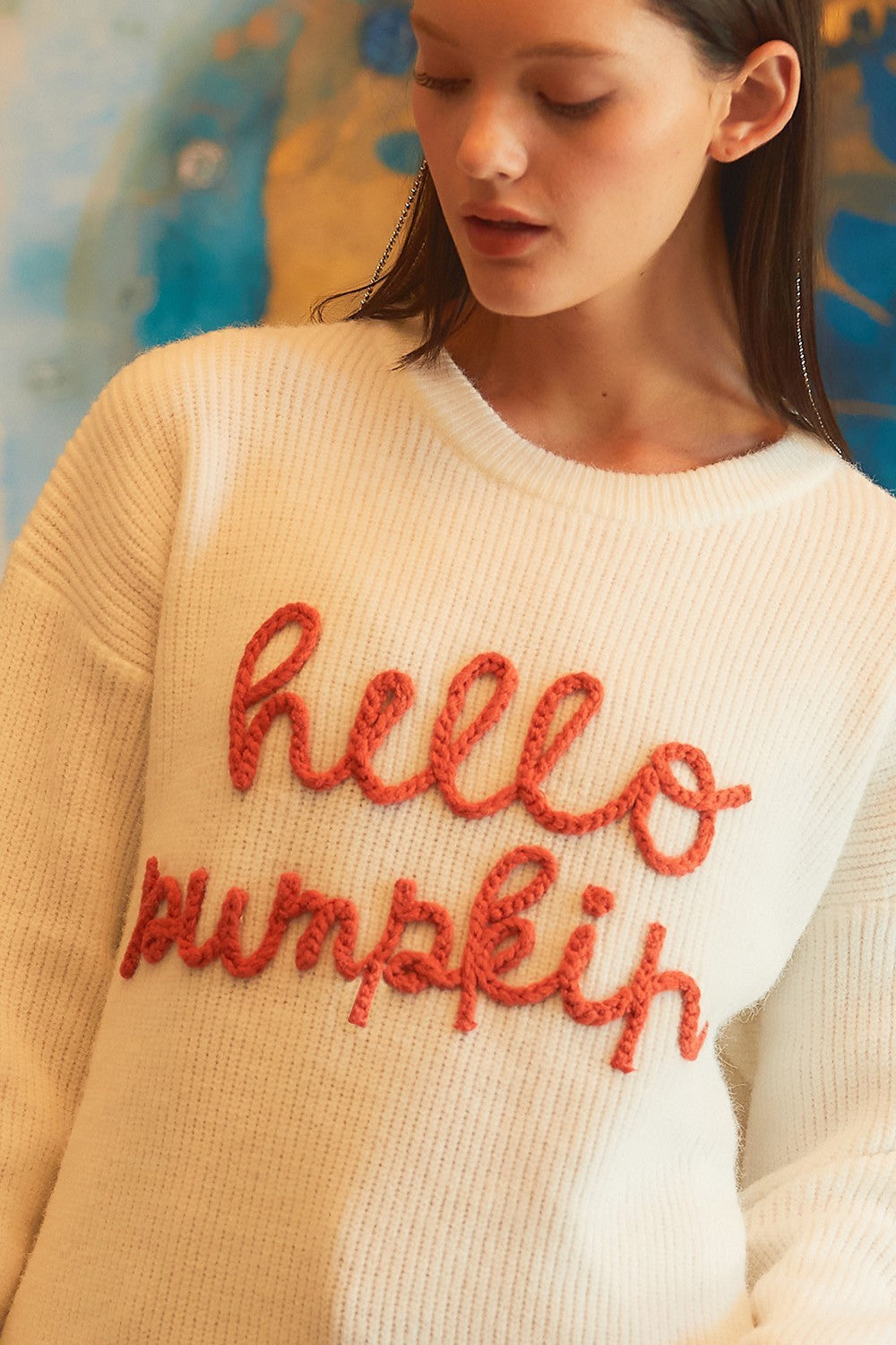 Hello Pumpkin Sweater – Women’s Halloween Cozy Embroidered Pullover