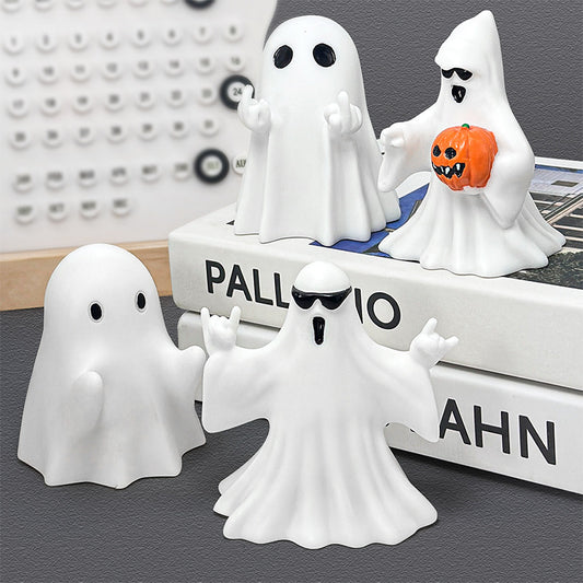 Cool Halloween Ghost Figurines Set – Funny Middle Finger, Sunglasses & Pumpkin Ghost Decorations