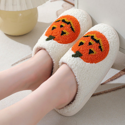 Halloween Pumpkin Slippers – Warm Fuzzy Indoor Shoes for Men & Women