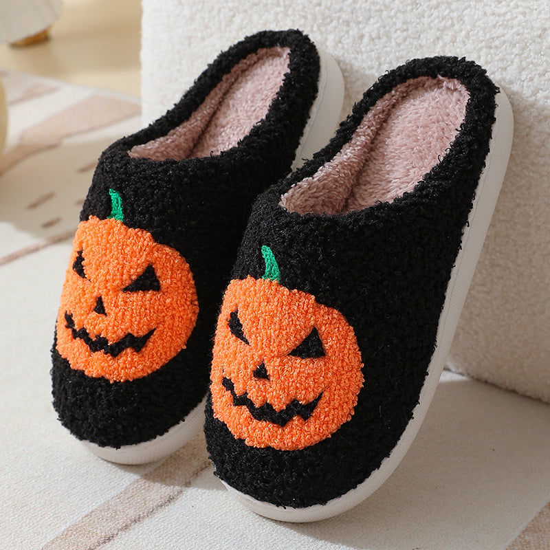 Halloween Pumpkin Slippers – Warm Fuzzy Indoor Shoes for Men & Women