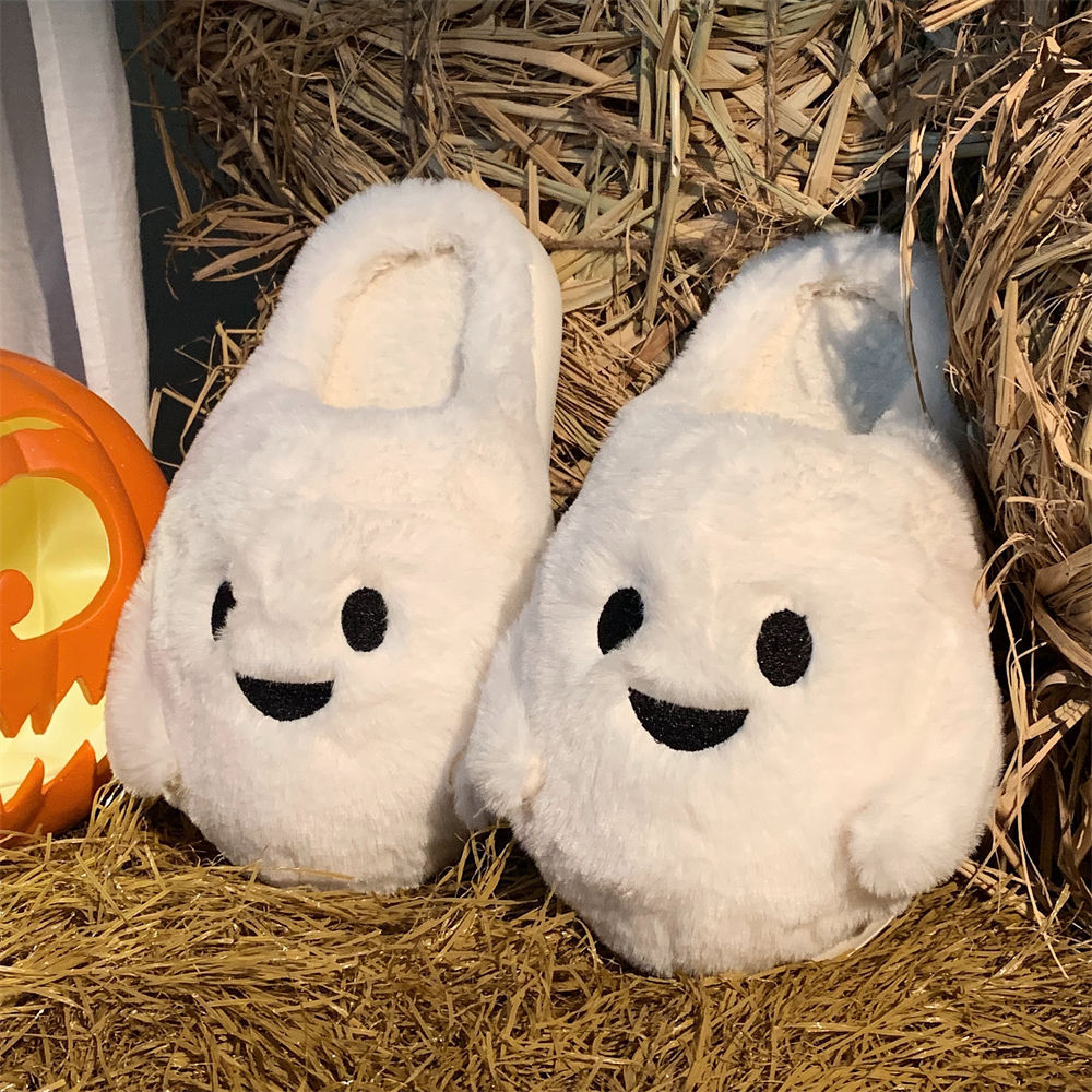 Cute Ghost Plush Slippers – Unisex Halloween Cozy Indoor Shoes