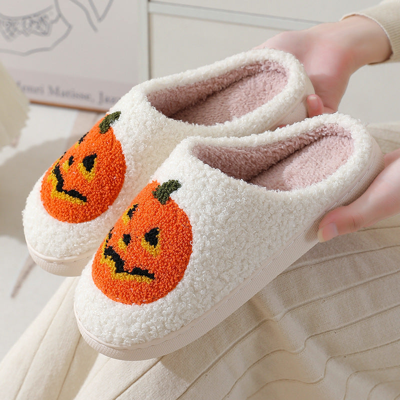 Halloween Pumpkin Slippers – Warm Fuzzy Indoor Shoes for Men & Women