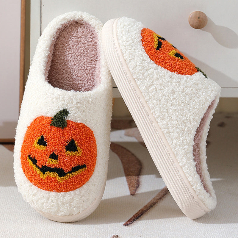 Halloween Pumpkin Slippers – Warm Fuzzy Indoor Shoes for Men & Women