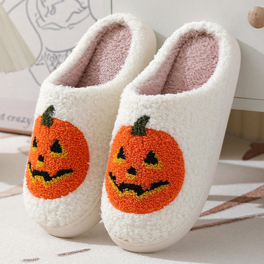 Halloween Pumpkin Slippers – Warm Fuzzy Indoor Shoes for Men & Women