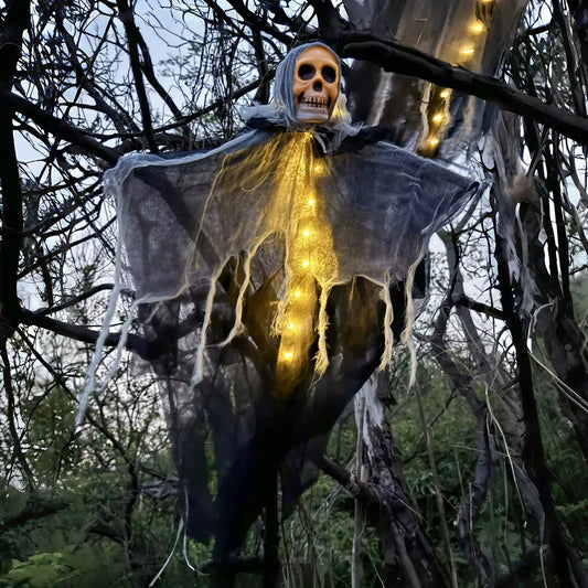 LED Hanging Ghost with Skull – Halloween Outdoor Horror Decoration