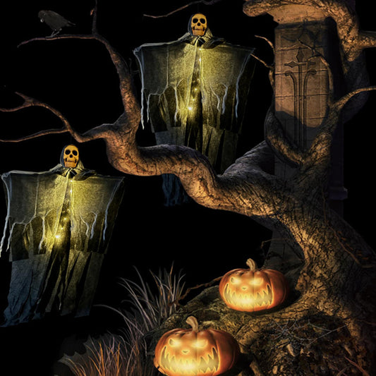 LED Hanging Ghost with Skull – Halloween Outdoor Horror Decoration