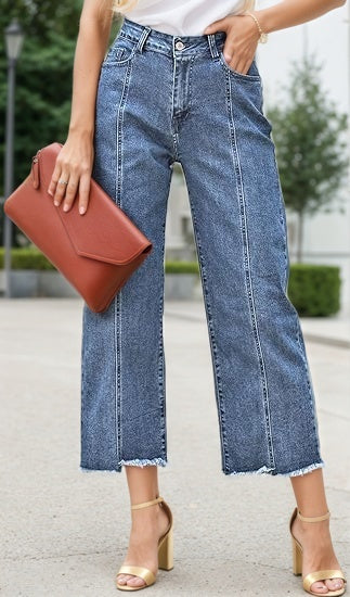 Women’s Plus Size High-Waist Wide-Leg Jeans – 2025 Casual Straight Crop Denim