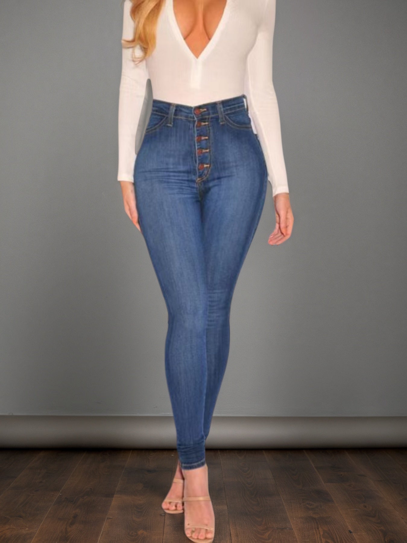 Women’s High-Waisted Button-Up Skinny Jeans – Stylish & Comfortable Fit