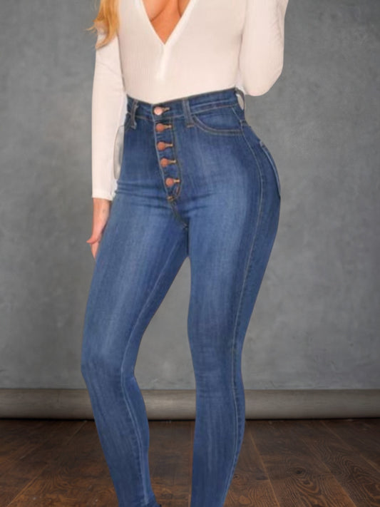 Women’s High-Waisted Button-Up Skinny Jeans – Stylish & Comfortable Fit
