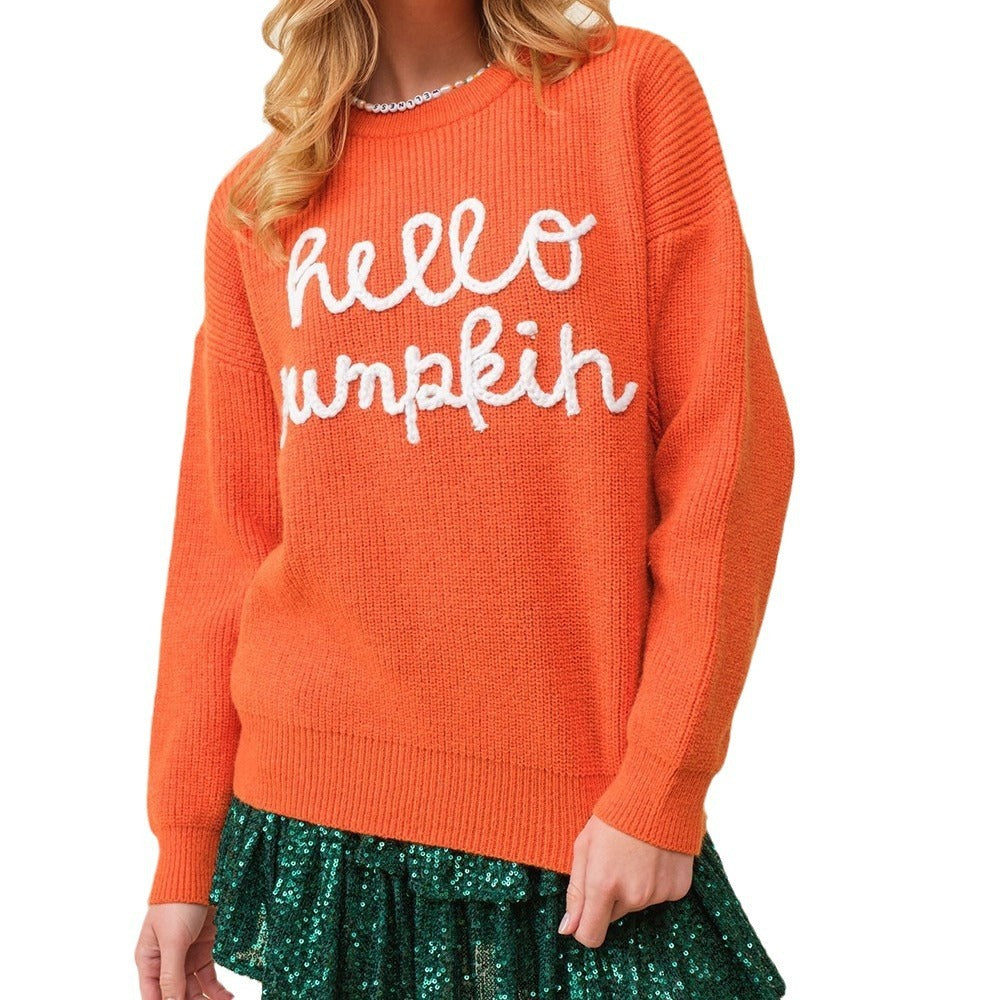 Hello Pumpkin Sweater – Women’s Halloween Cozy Embroidered Pullover