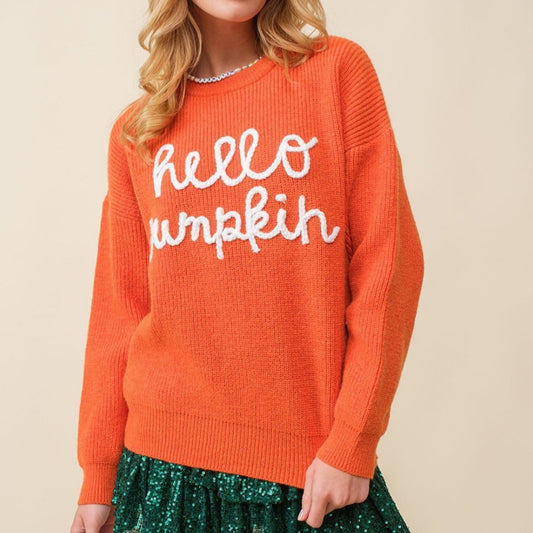 Hello Pumpkin Sweater – Women’s Halloween Cozy Embroidered Pullover