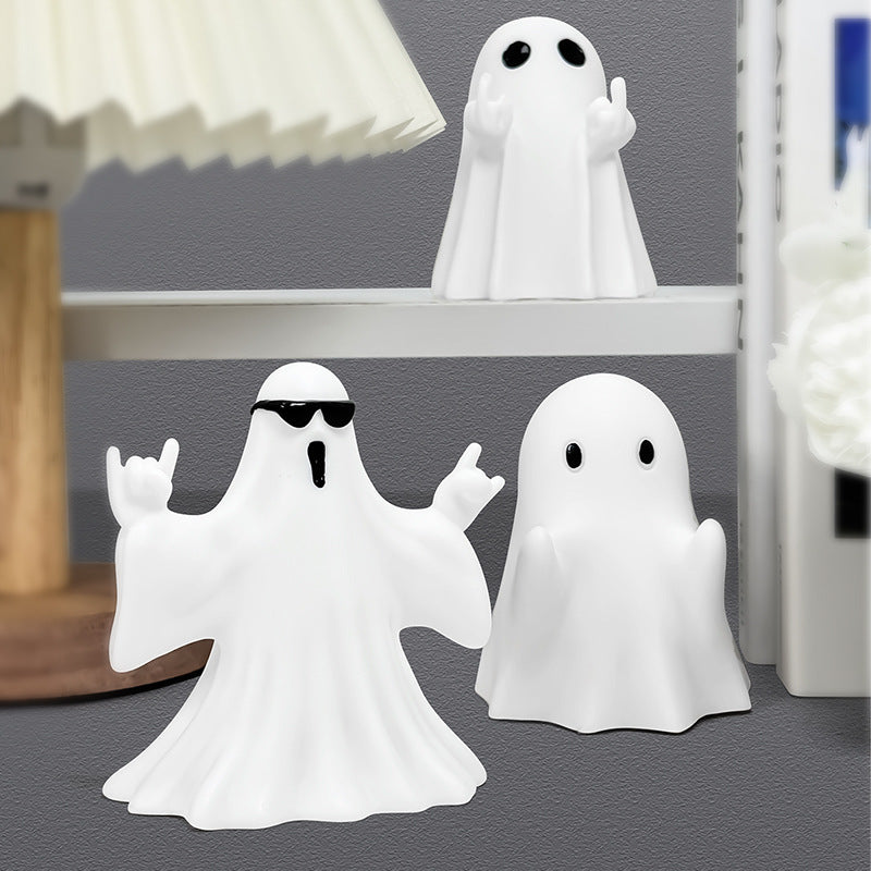 Cool Halloween Ghost Figurines Set – Funny Middle Finger, Sunglasses & Pumpkin Ghost Decorations