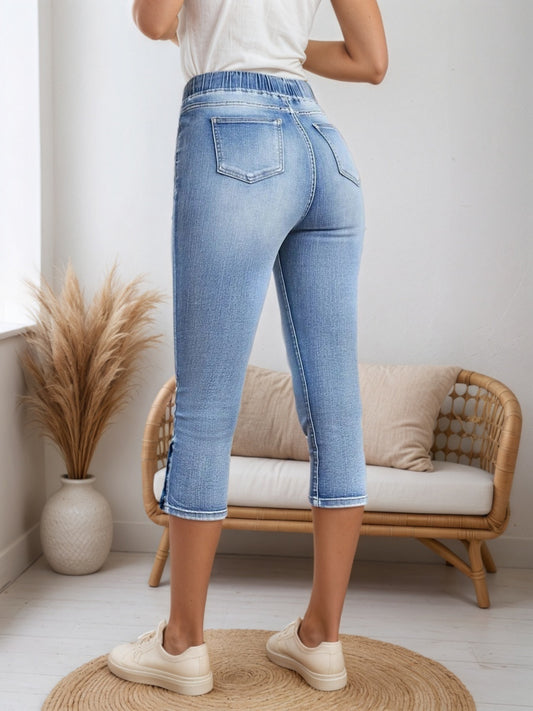 Women’s Chic Denim Capri Pants – 2025 Drawstring Waist & Split Button Hem