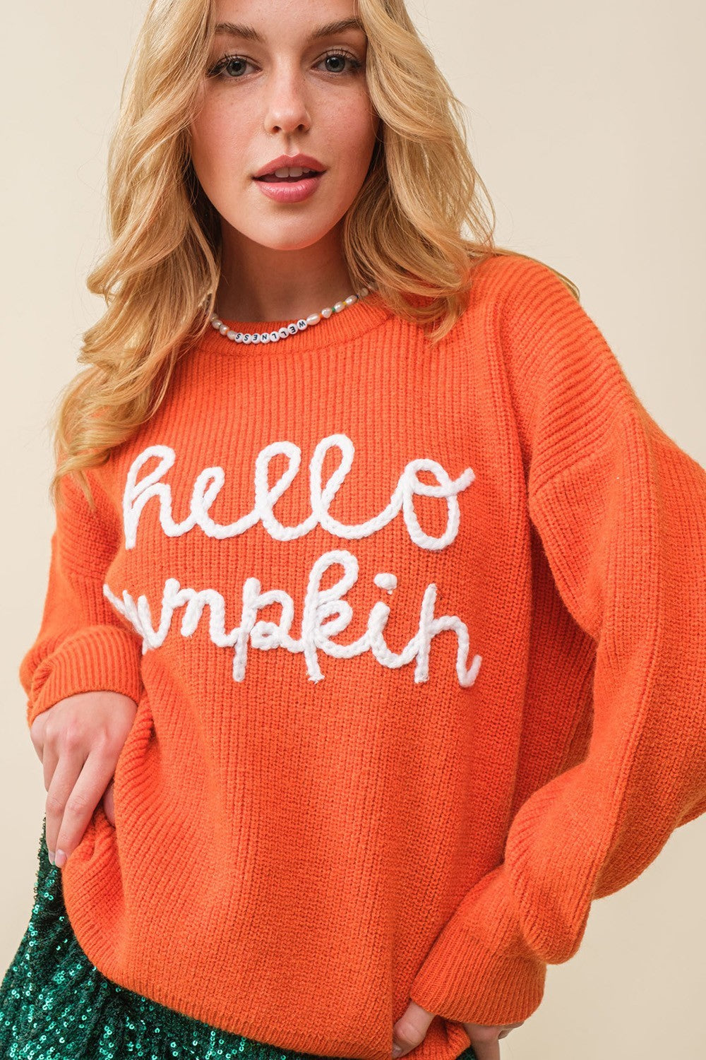 Hello Pumpkin Sweater – Women’s Halloween Cozy Embroidered Pullover