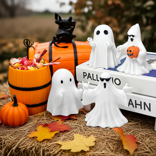 Cool Halloween Ghost Figurines Set – Funny Middle Finger, Sunglasses & Pumpkin Ghost Decorations